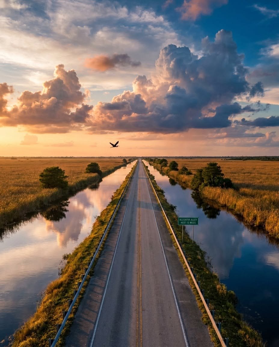 Alligator Alley at sunset with the Alligator Alley road sign